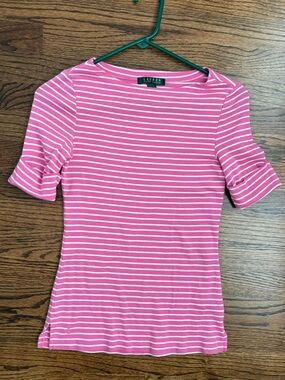 Lauren Ralph Lauren Pink Striped Short Sleeve Top Slim Fit Fitted Size Small